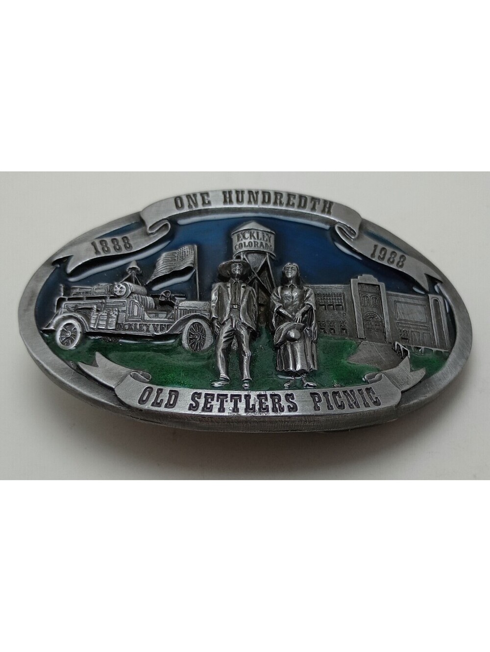 ONE Hundredth 1888-1988 Old SETTLERS Picnic PEWTER Belt Buckle Zenth 3 1/8" 109